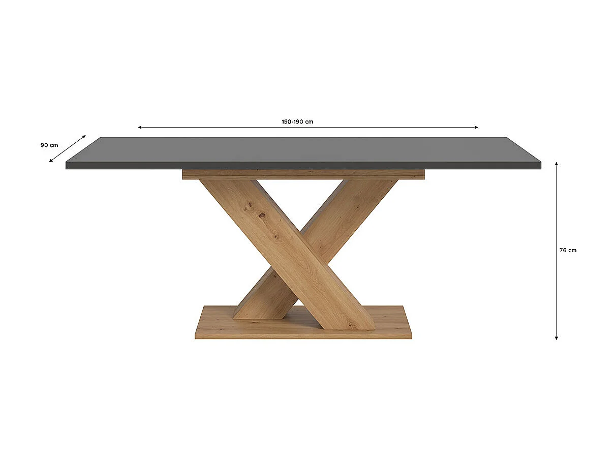 Motion table de salle à manger pieds X 90x150/190 cm avec 1 rallonge gris, chêne décor.