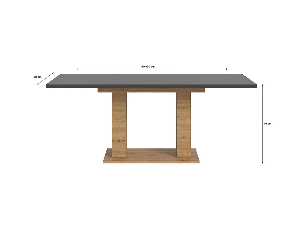 Motion table de salle à manger double colonne 90x150/190 cm avec 1 rallonge gris, chêne décor.