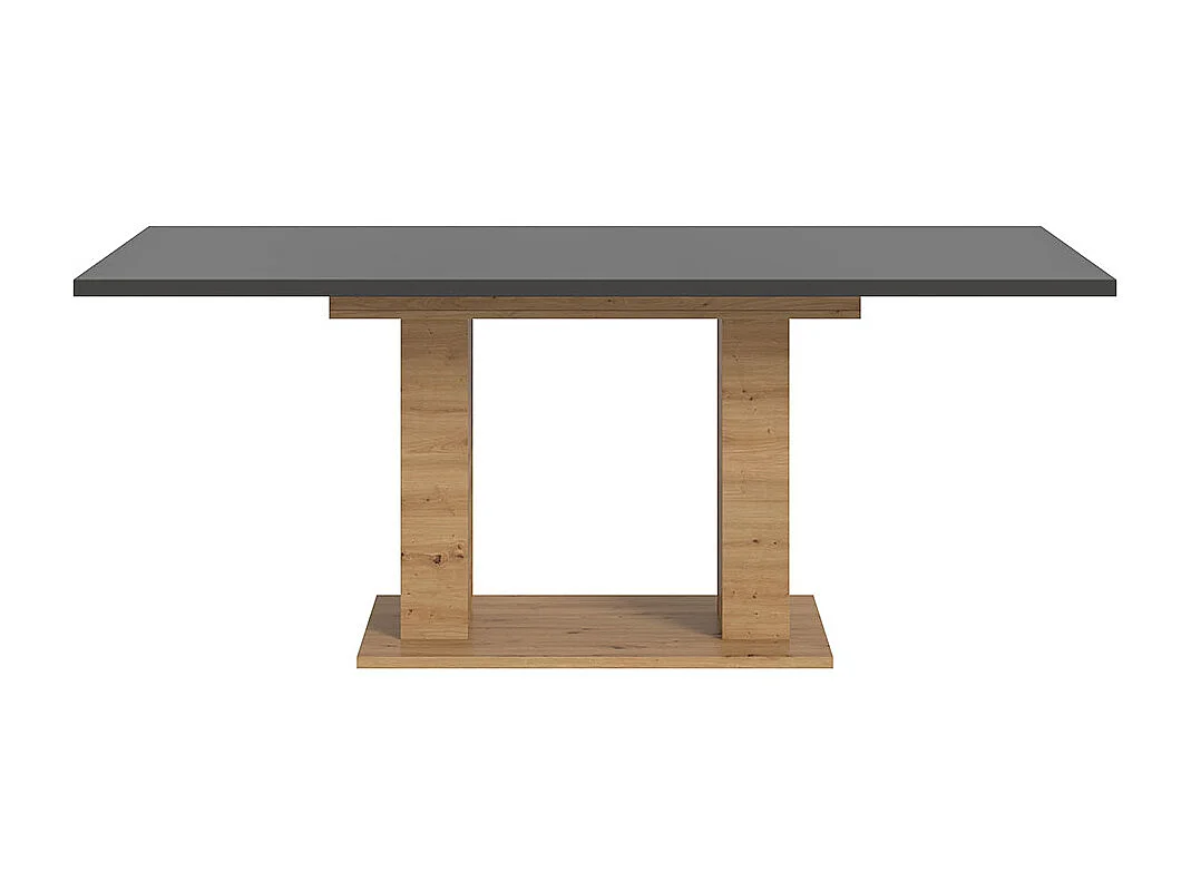 Motion eetkamertafel dubbele zuilpoot 90x150/190cm incl. 1 verlengblad grijs, eik decor.