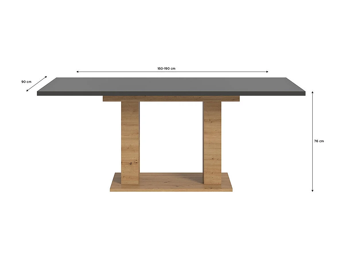 Motion eetkamertafel dubbele zuilpoot 90x150/190cm incl. 1 verlengblad grijs, eik decor.