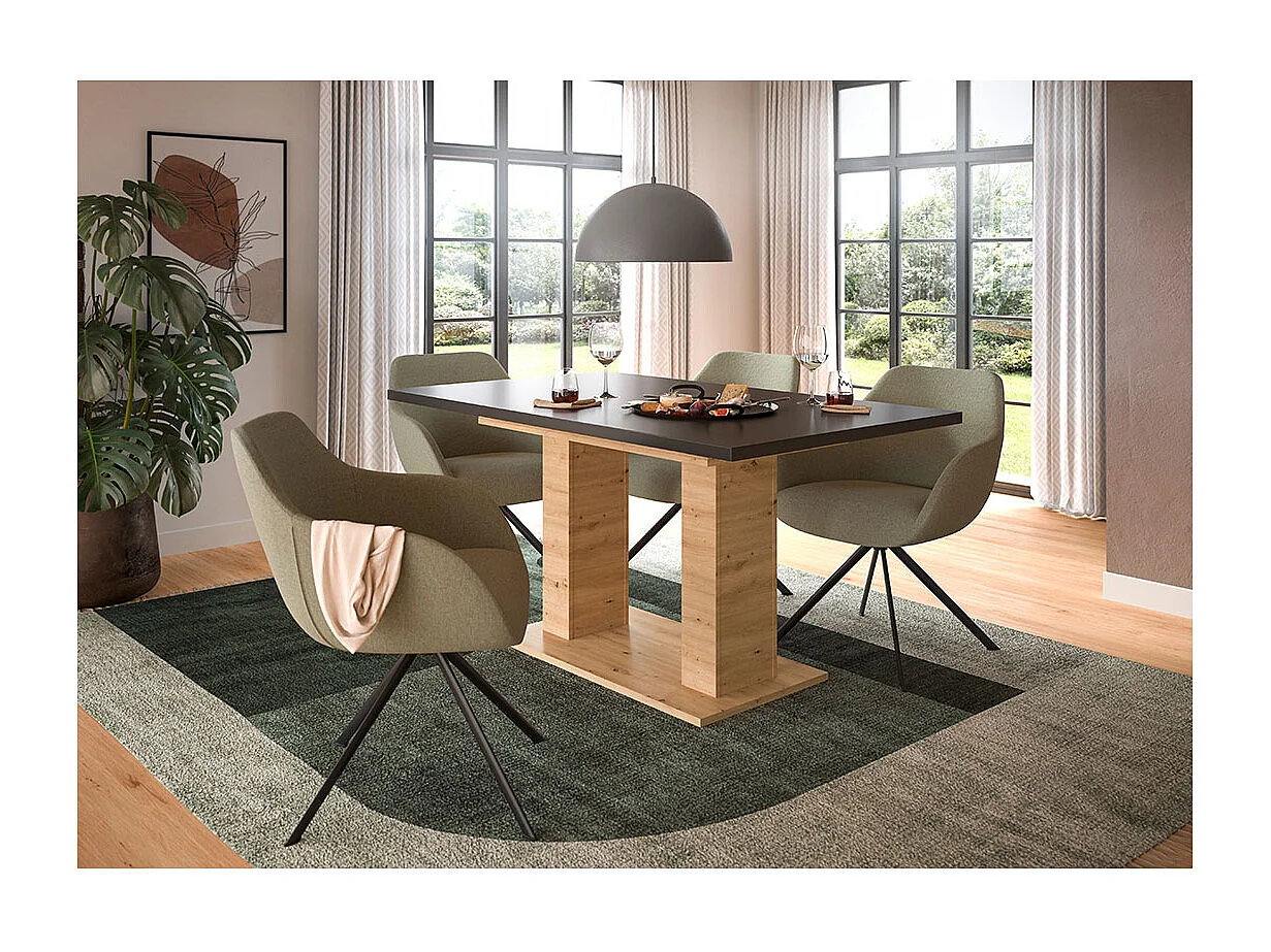 Motion eetkamertafel dubbele zuilpoot 90x150/190cm incl. 1 verlengblad grijs, eik decor.