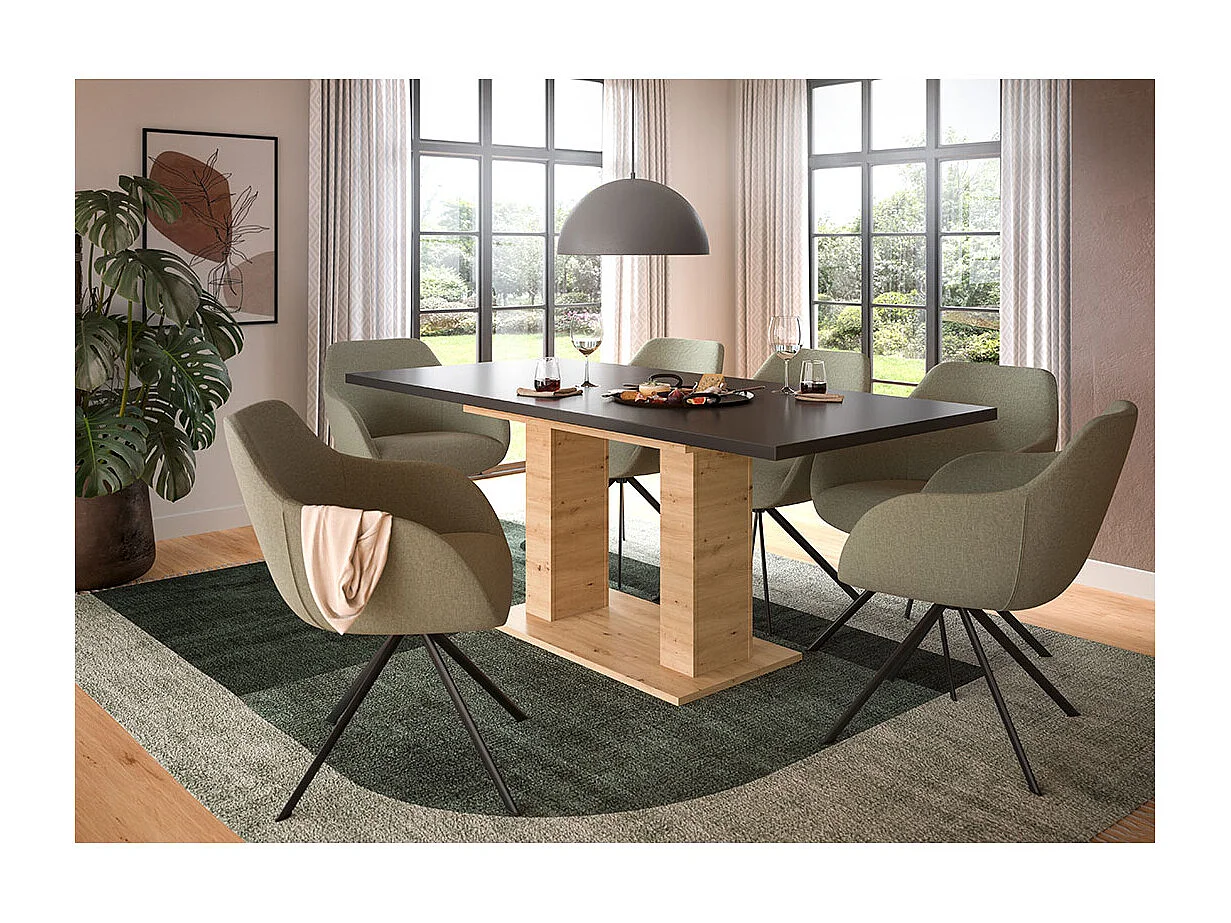 Motion eetkamertafel dubbele zuilpoot 90x150/190cm incl. 1 verlengblad grijs, eik decor.