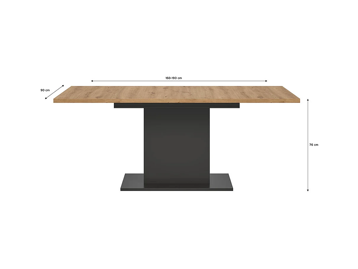 Motion table de salle à manger pied colonne 90x150/190 cm avec 1 rallonge chêne décor, gris.