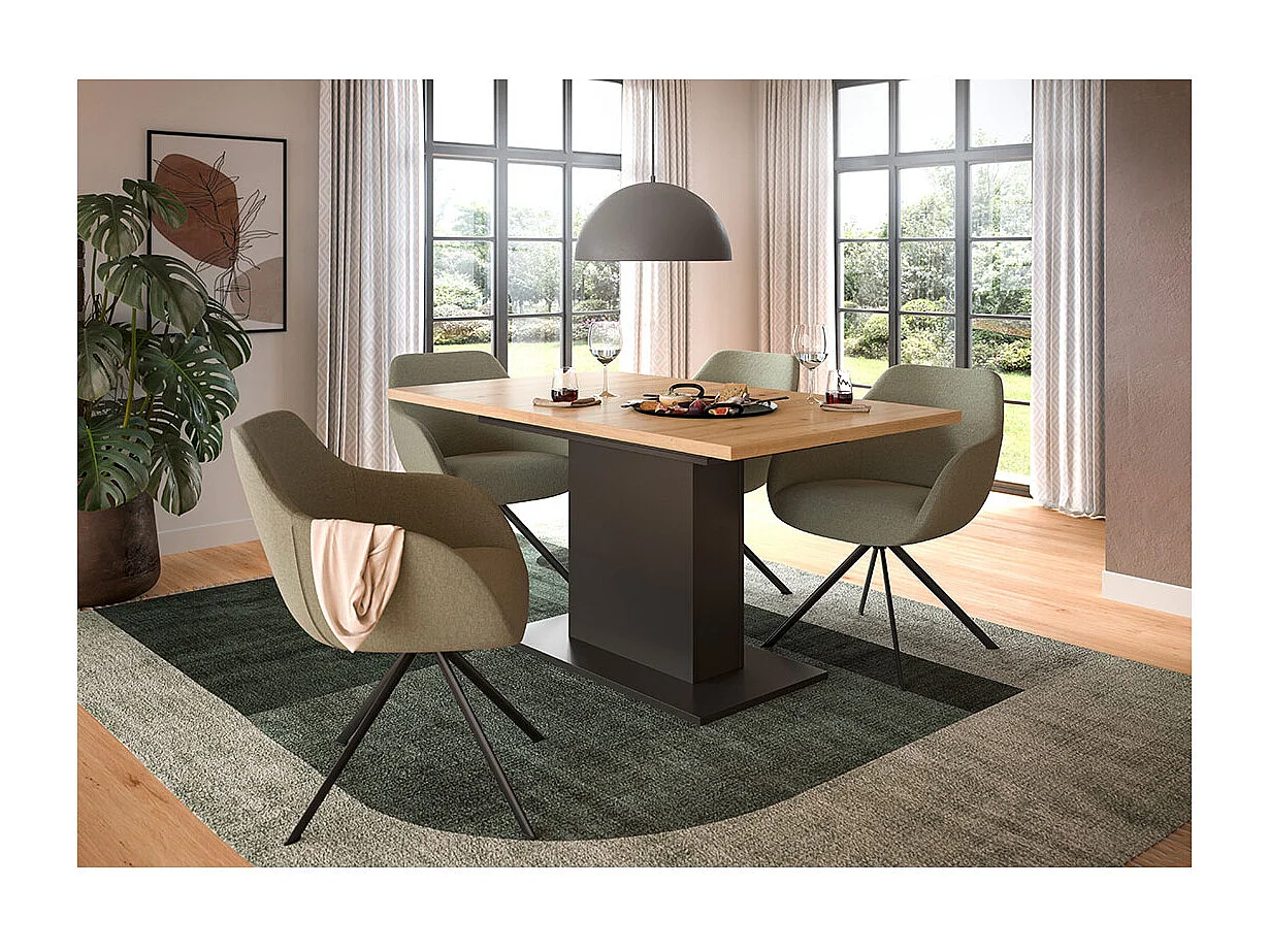 Motion eetkamertafel zuilpoot 90x150/190cm incl. 1 verlengblad eik decor, grijs.