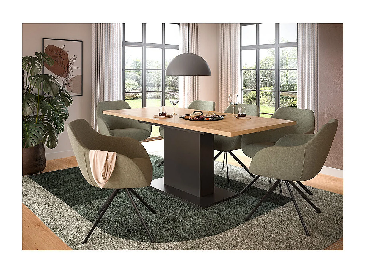 Motion eetkamertafel zuilpoot 90x150/190cm incl. 1 verlengblad eik decor, grijs.