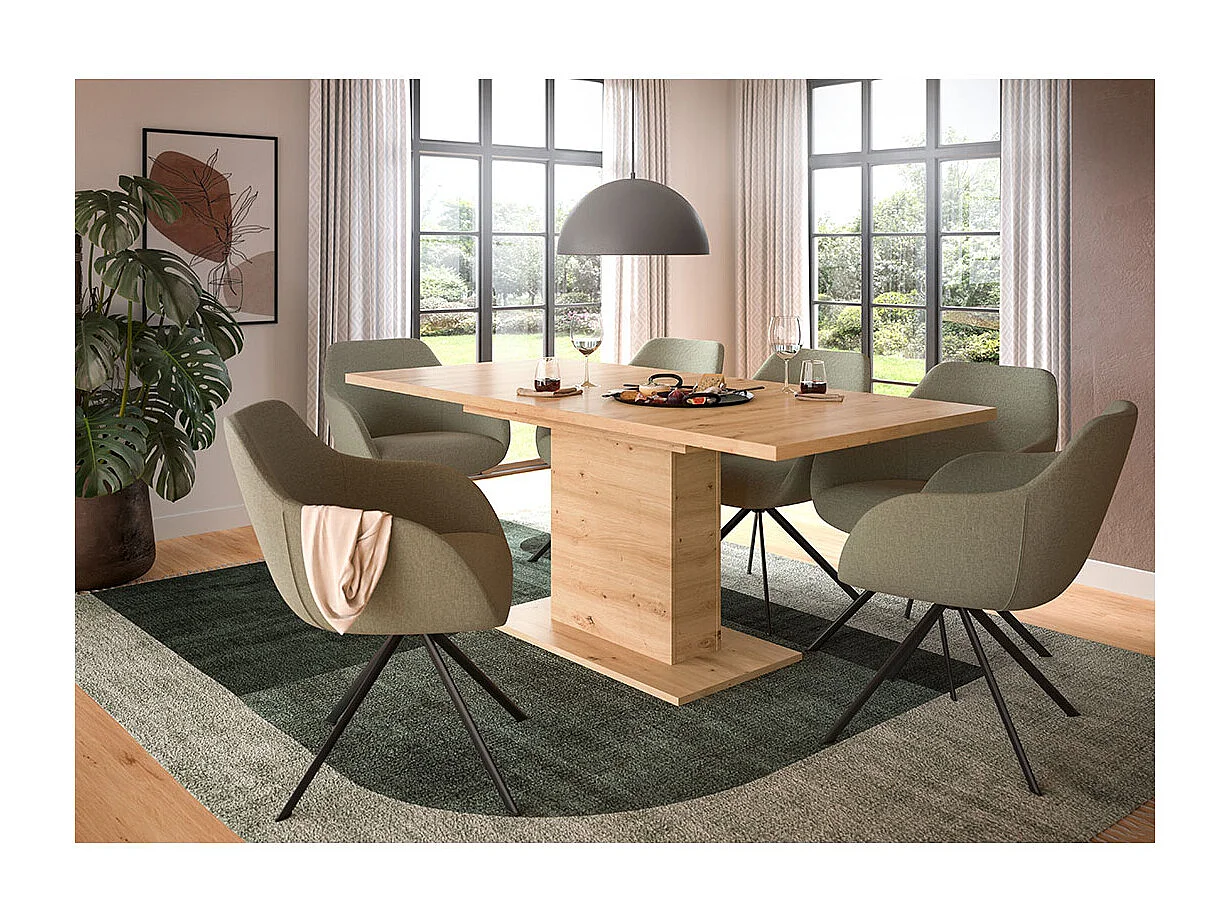 Motion eetkamertafel zuilpoot 90x150/190cm incl. 1 verlengblad eik decor.