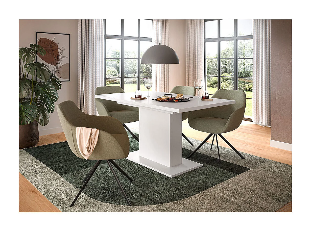 Motion Esstisch Säulenfuß 90x150/190cm inkl. 1 Einlegeplatte weiß.