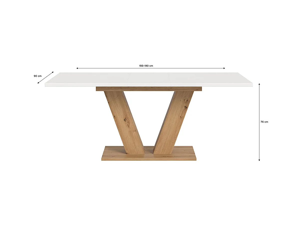 Motion table de salle à manger pieds V 90x150/190 cm avec 1 rallonge blanc, chêne décor.