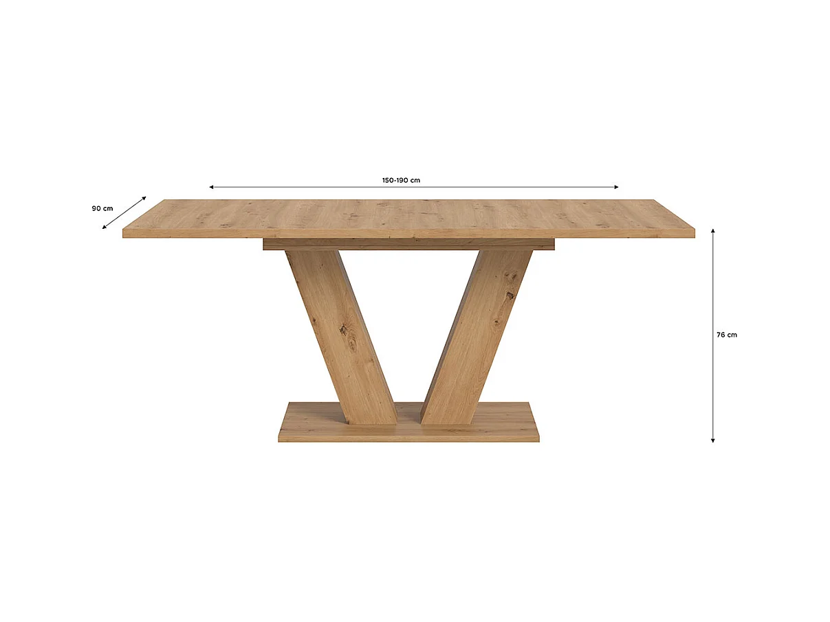 Motion table de salle à manger pieds V 90x150/190 cm avec 1 rallonge chêne décor.