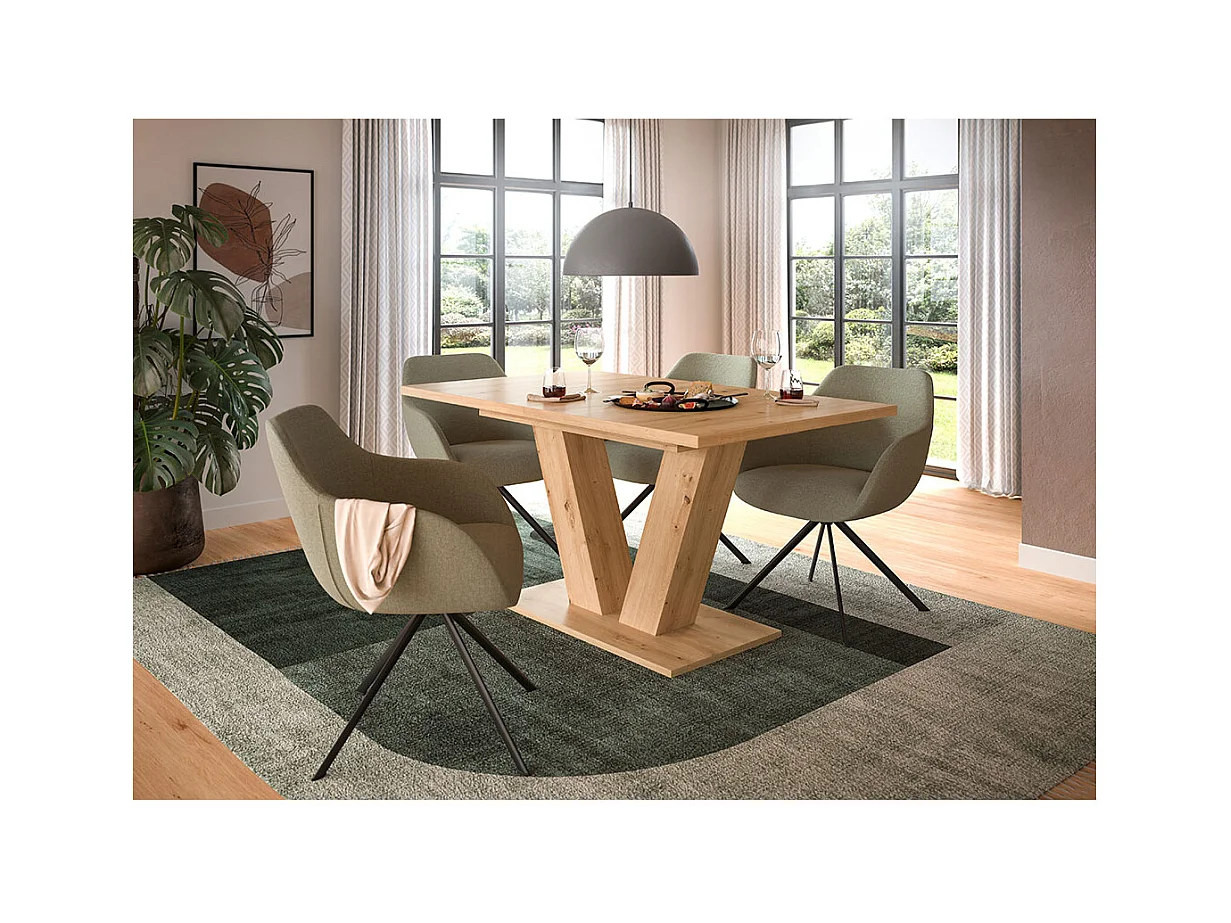 Motion table de salle à manger pieds V 90x150/190 cm avec 1 rallonge chêne décor.