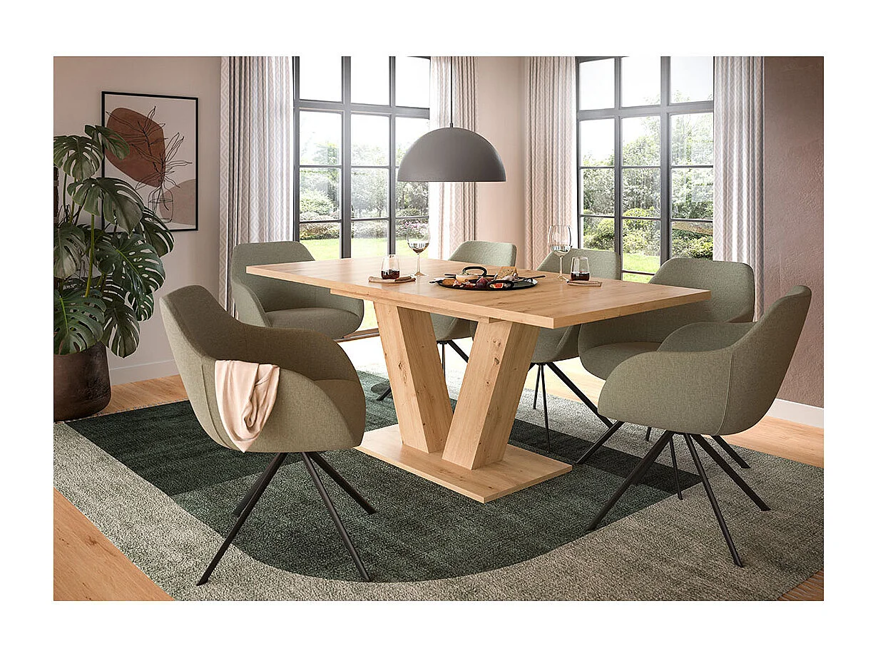 Motion table de salle à manger pieds V 90x150/190 cm avec 1 rallonge chêne décor.