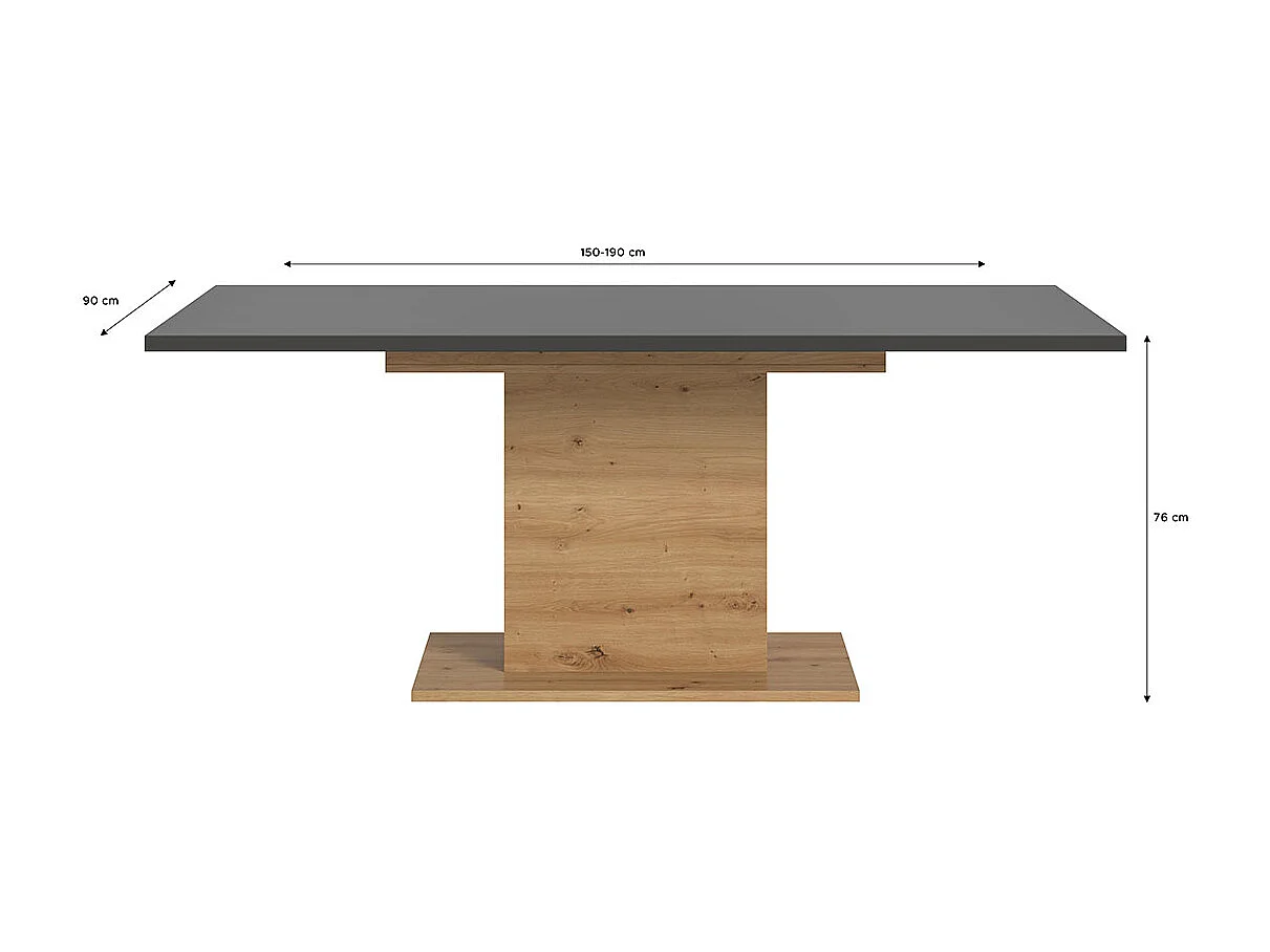 Motion Esstisch Säulenfuß 90x150/190cm inkl. 1 Einlegeplatte grau, Eiche Dekor.