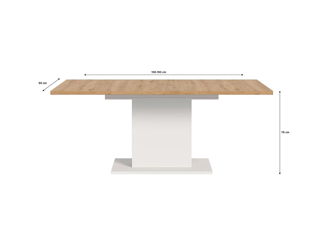 Motion table de salle à manger pied colonne 90x150/190 cm avec 1 rallonge chêne décor, blanc.