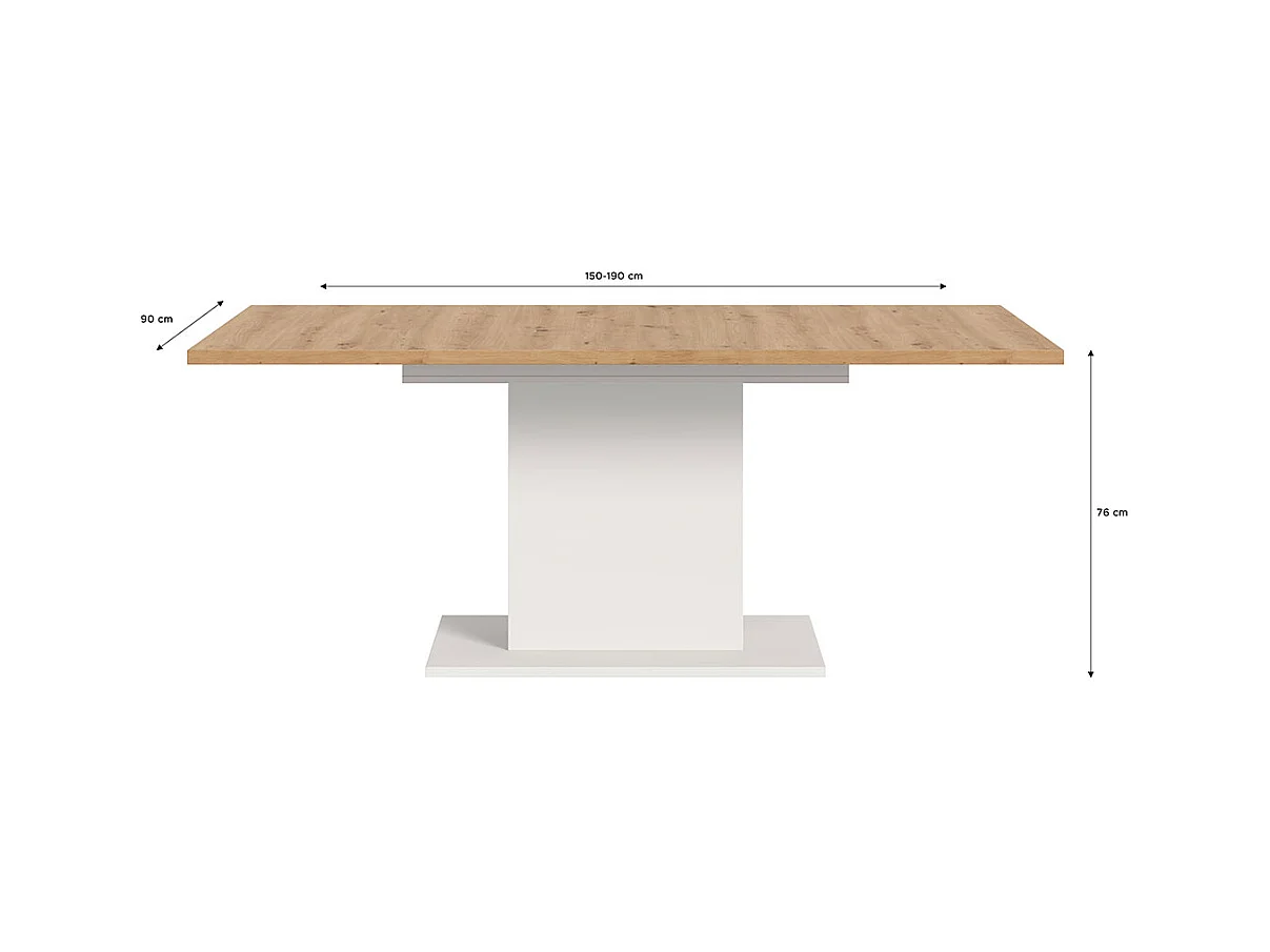 Motion table de salle à manger pied colonne 90x150/190 cm avec 1 rallonge chêne décor, blanc.
