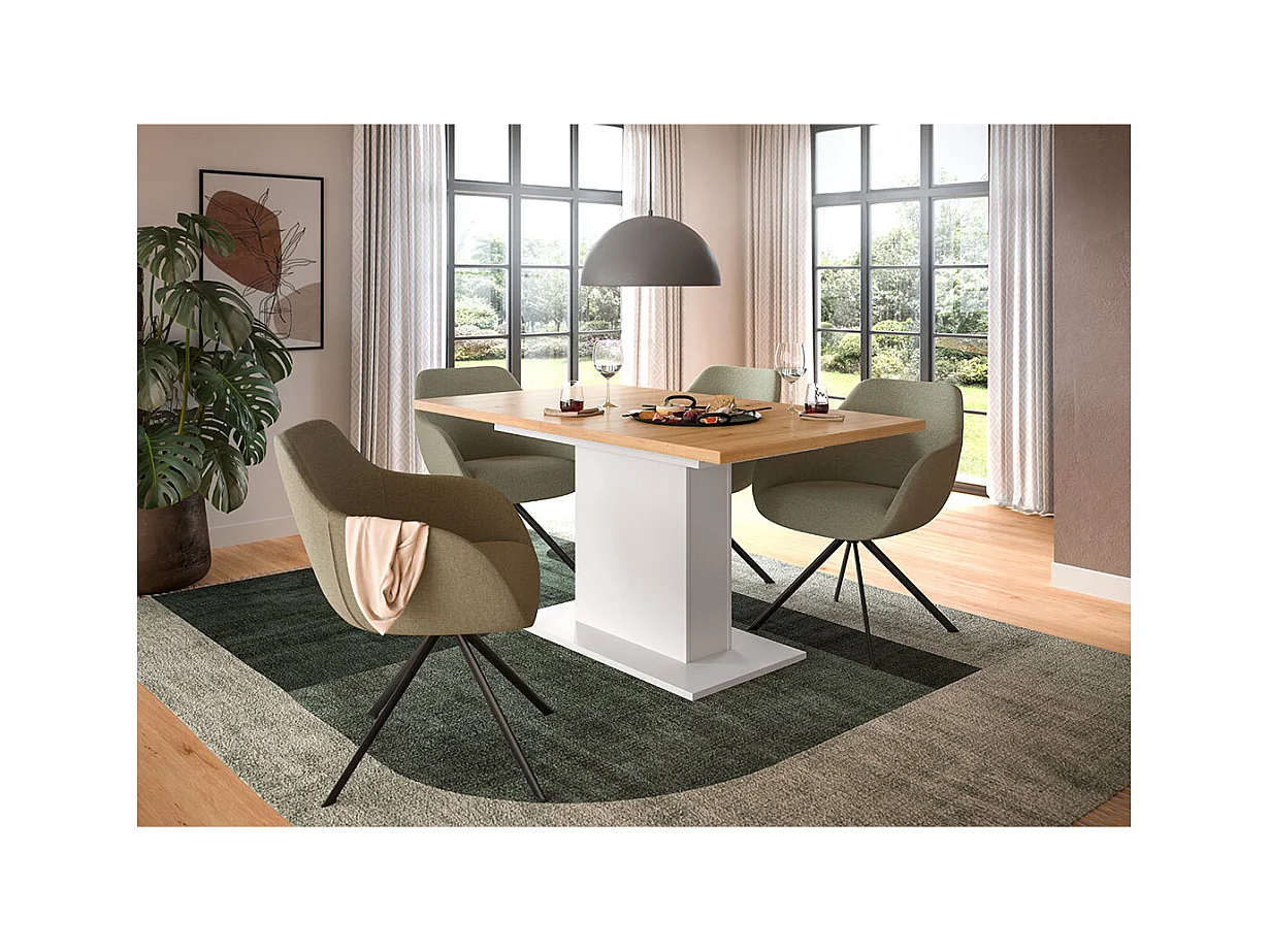 Motion table de salle à manger pied colonne 90x150/190 cm avec 1 rallonge chêne décor, blanc.