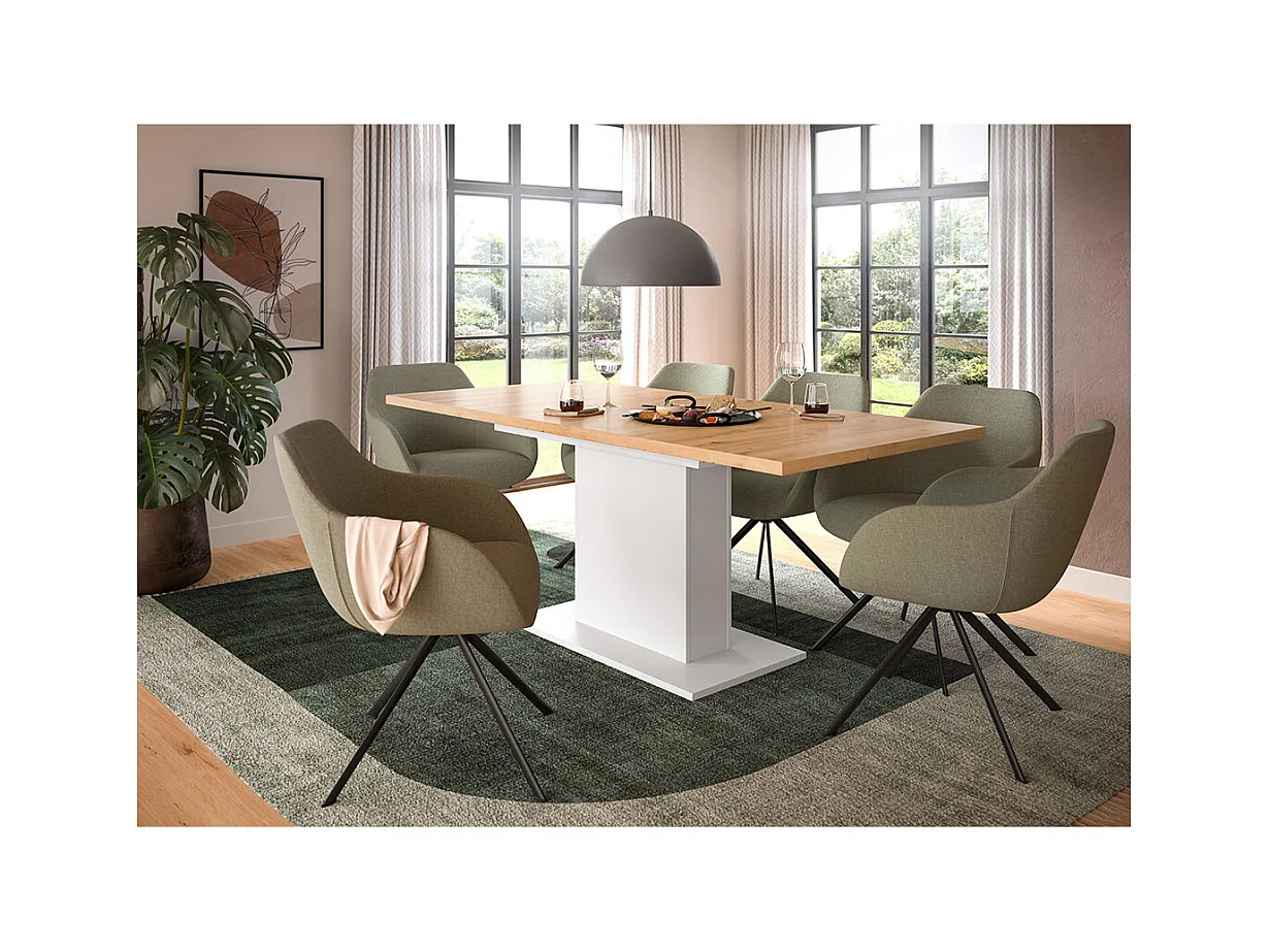 Motion table de salle à manger pied colonne 90x150/190 cm avec 1 rallonge chêne décor, blanc.