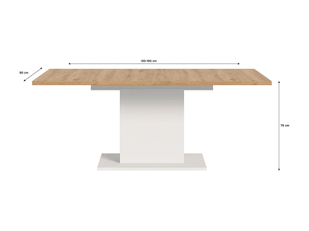 Motion eetkamertafel zuilpoot 90x150/190cm incl. 1 verlengblad eik decor, wit.
