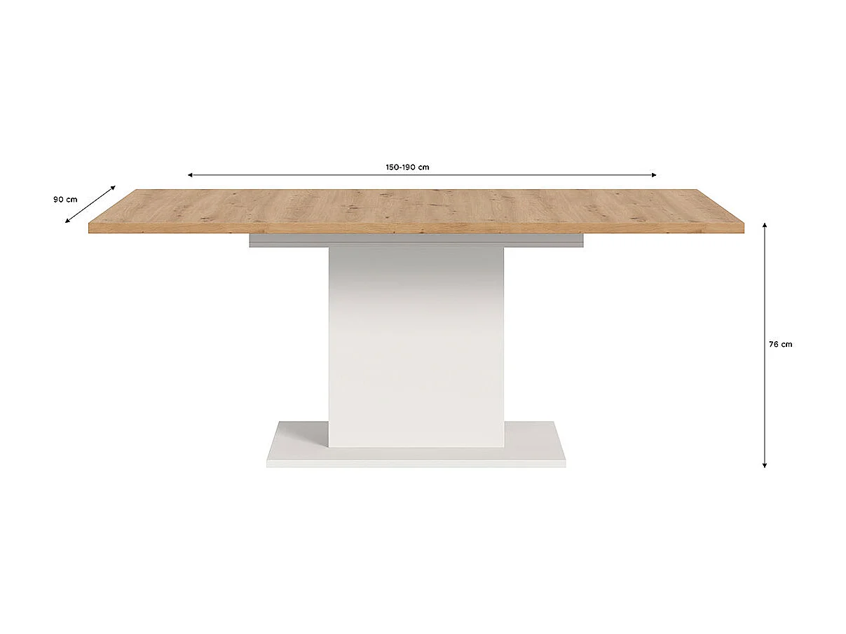 Motion eetkamertafel zuilpoot 90x150/190cm incl. 1 verlengblad eik decor, wit.