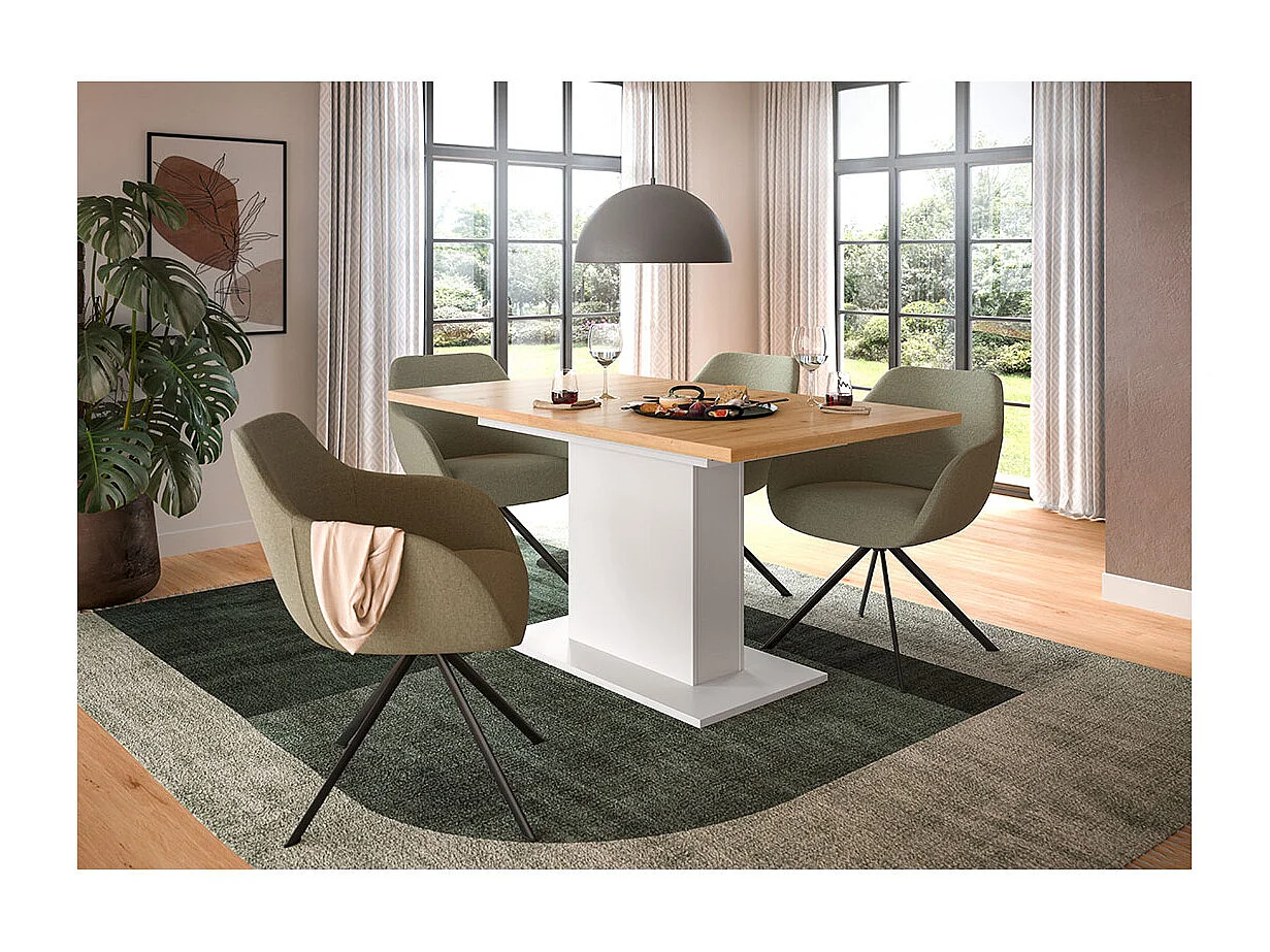 Motion eetkamertafel zuilpoot 90x150/190cm incl. 1 verlengblad eik decor, wit.