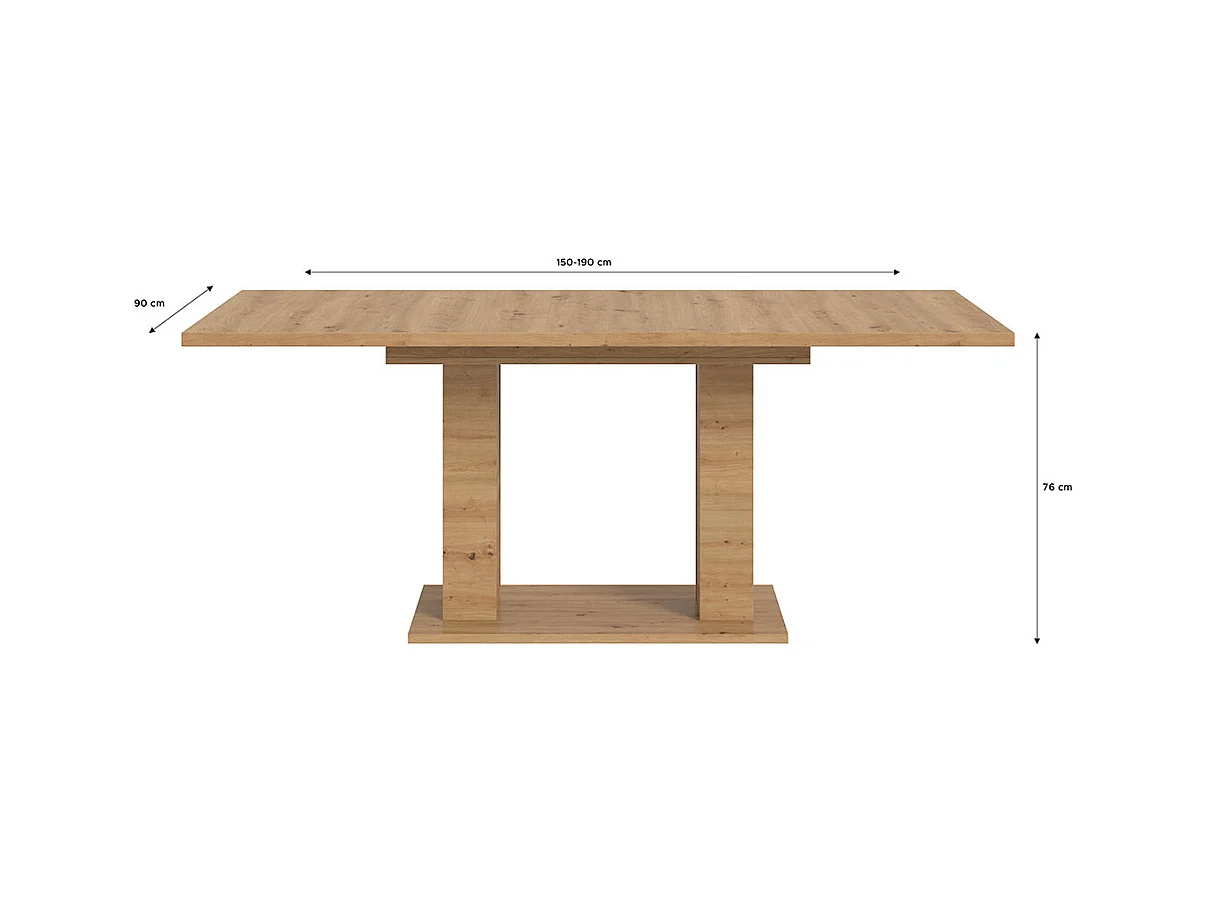Motion table de salle à manger double colonne 90x150/190 cm avec 1 rallonge chêne décor.