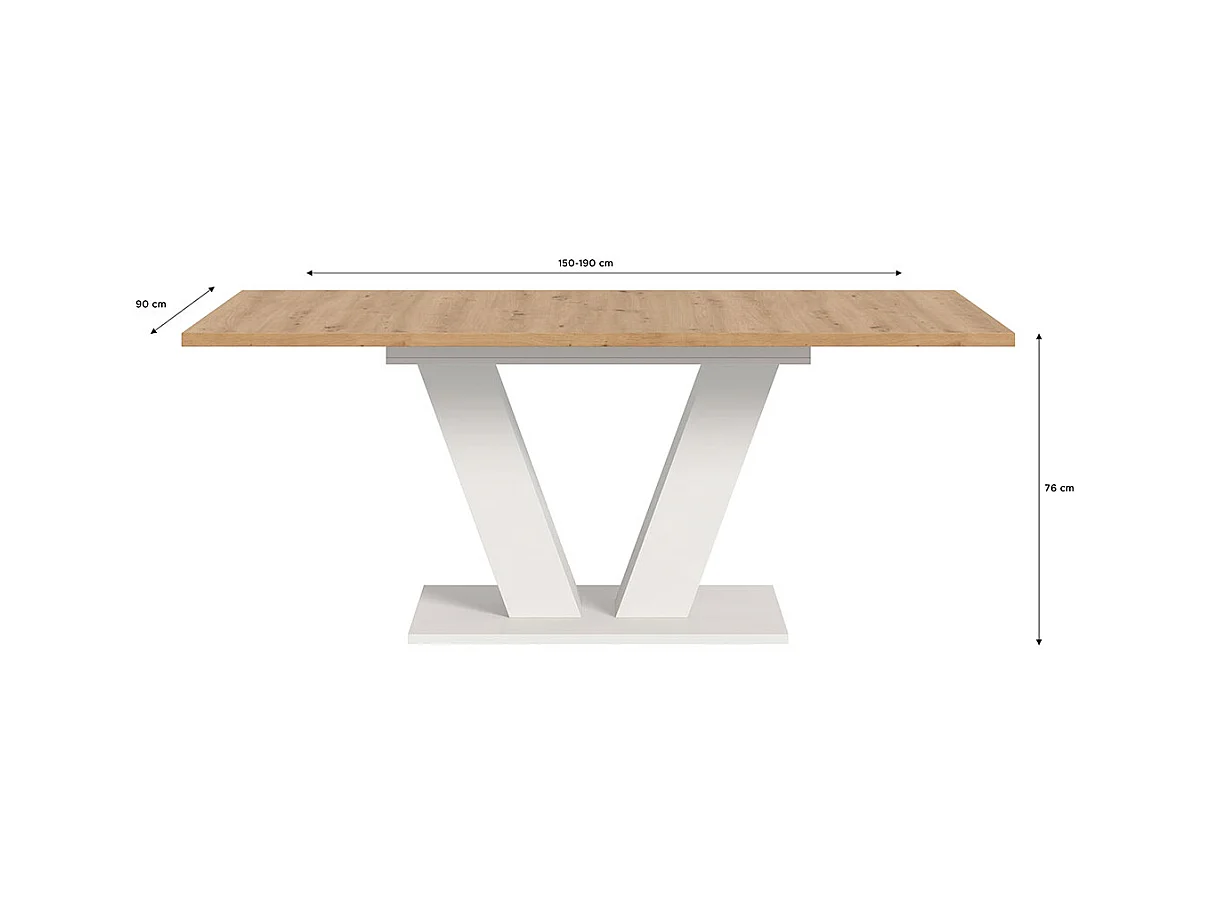 Motion table de salle à manger pieds V 90x150/190 cm avec 1 rallonge chêne décor, blanc.