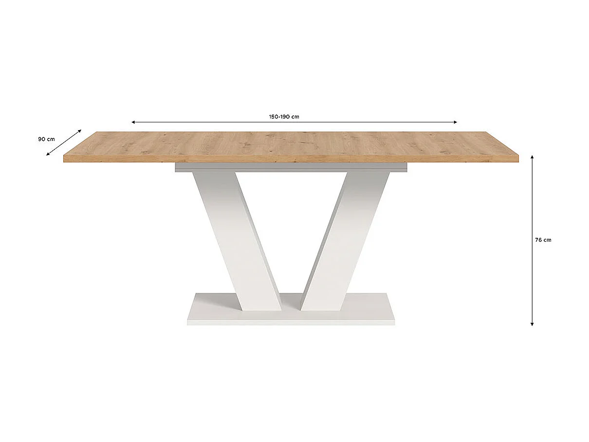 Motion table de salle à manger pieds V 90x150/190 cm avec 1 rallonge chêne décor, blanc.