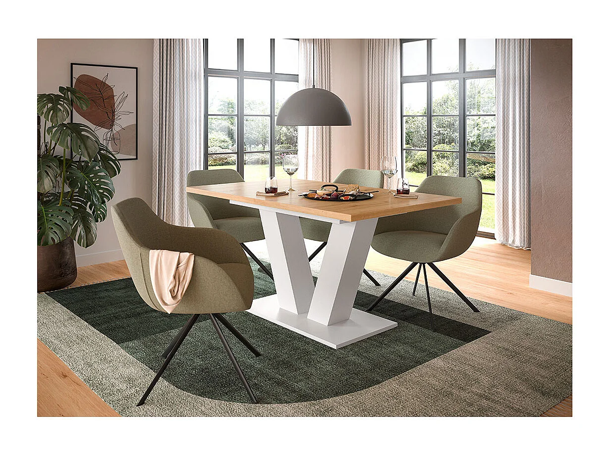 Motion table de salle à manger pieds V 90x150/190 cm avec 1 rallonge chêne décor, blanc.