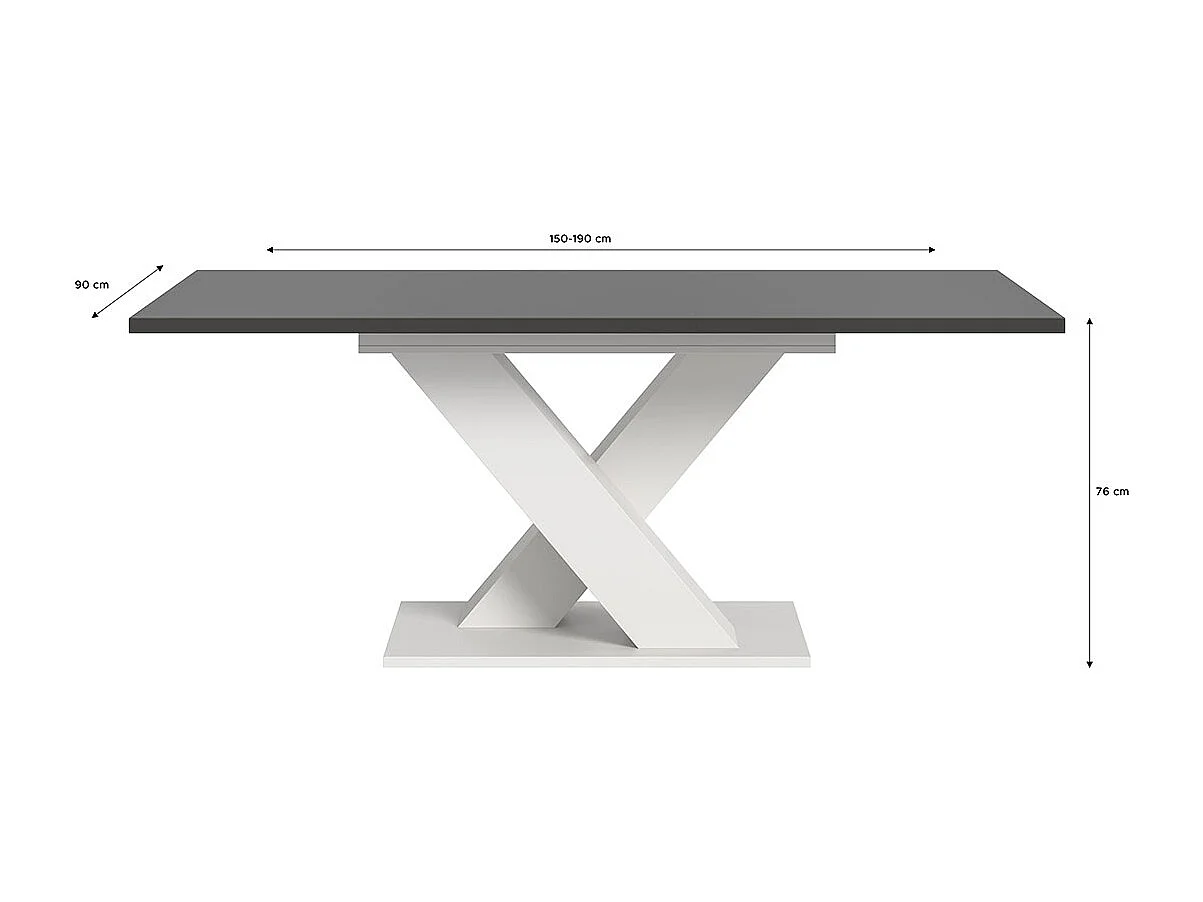 Motion table de salle à manger pieds X 90x150/190 cm avec 1 rallonge gris, blanc.