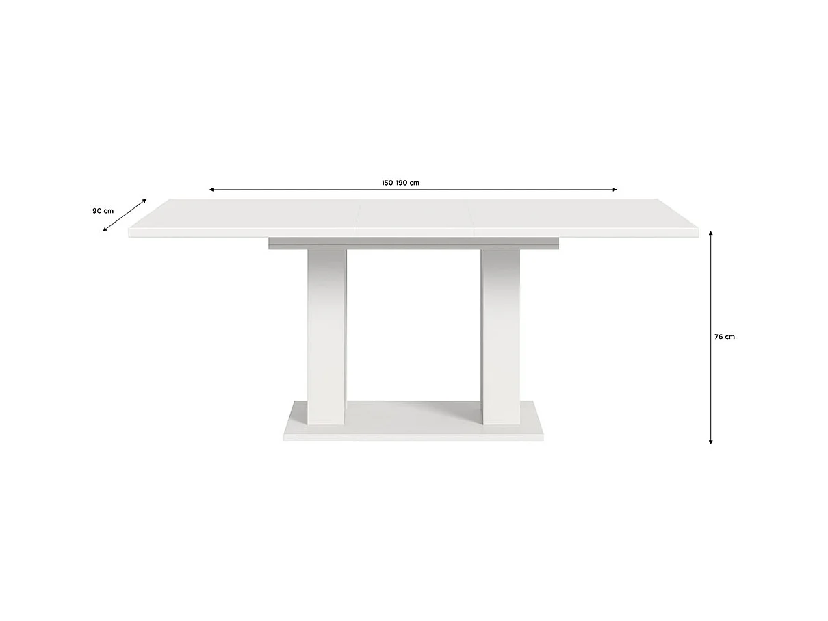 Motion table de salle à manger double colonne 90x150/190 cm avec 1 rallonge blanc.