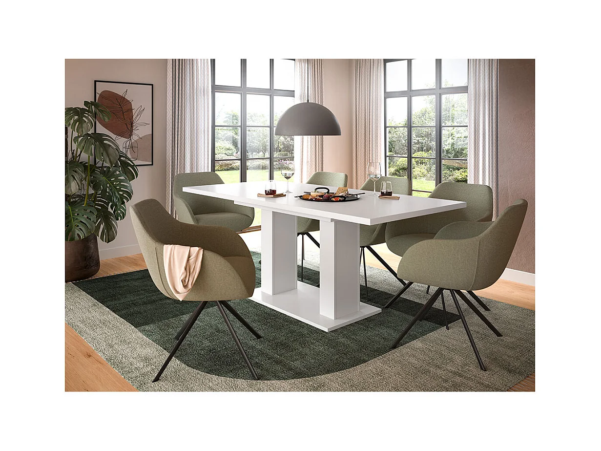 Motion table de salle à manger double colonne 90x150/190 cm avec 1 rallonge blanc.