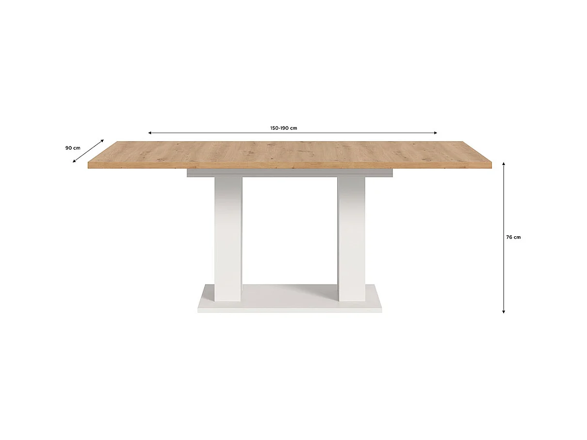 Motion table de salle à manger double colonne 90x150/190 cm avec 1 rallonge chêne décor, blanc.