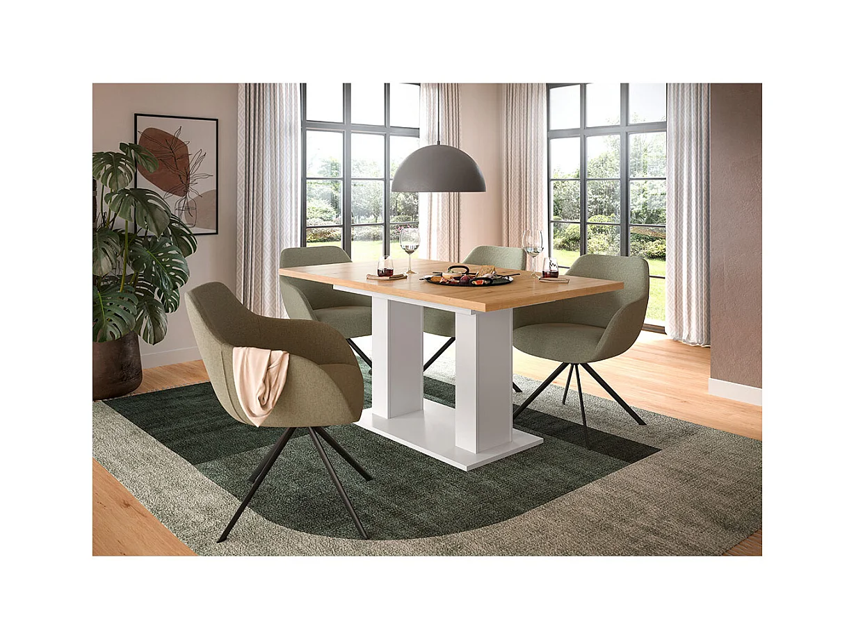 Motion table de salle à manger double colonne 90x150/190 cm avec 1 rallonge chêne décor, blanc.