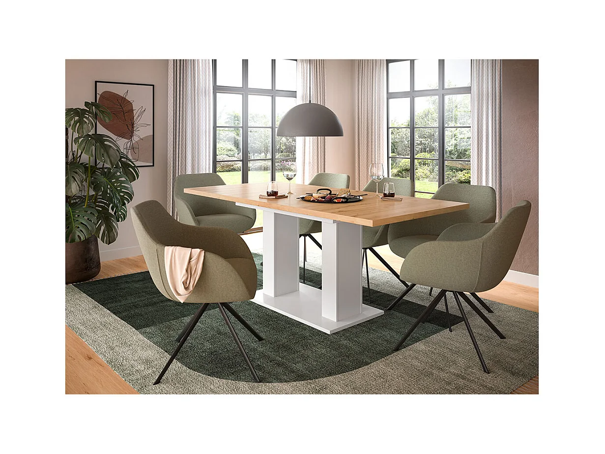 Motion table de salle à manger double colonne 90x150/190 cm avec 1 rallonge chêne décor, blanc.