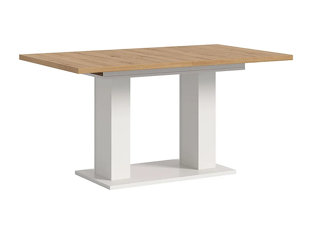 Motion eetkamertafel dubbele zuilpoot 90x150/190cm incl. 1 verlengblad eik decor, wit.