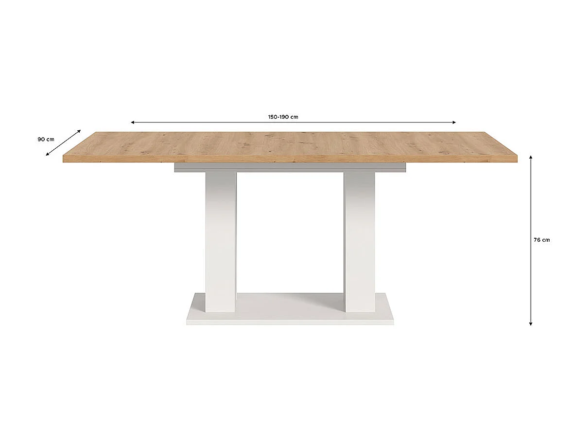 Motion eetkamertafel dubbele zuilpoot 90x150/190cm incl. 1 verlengblad eik decor, wit.