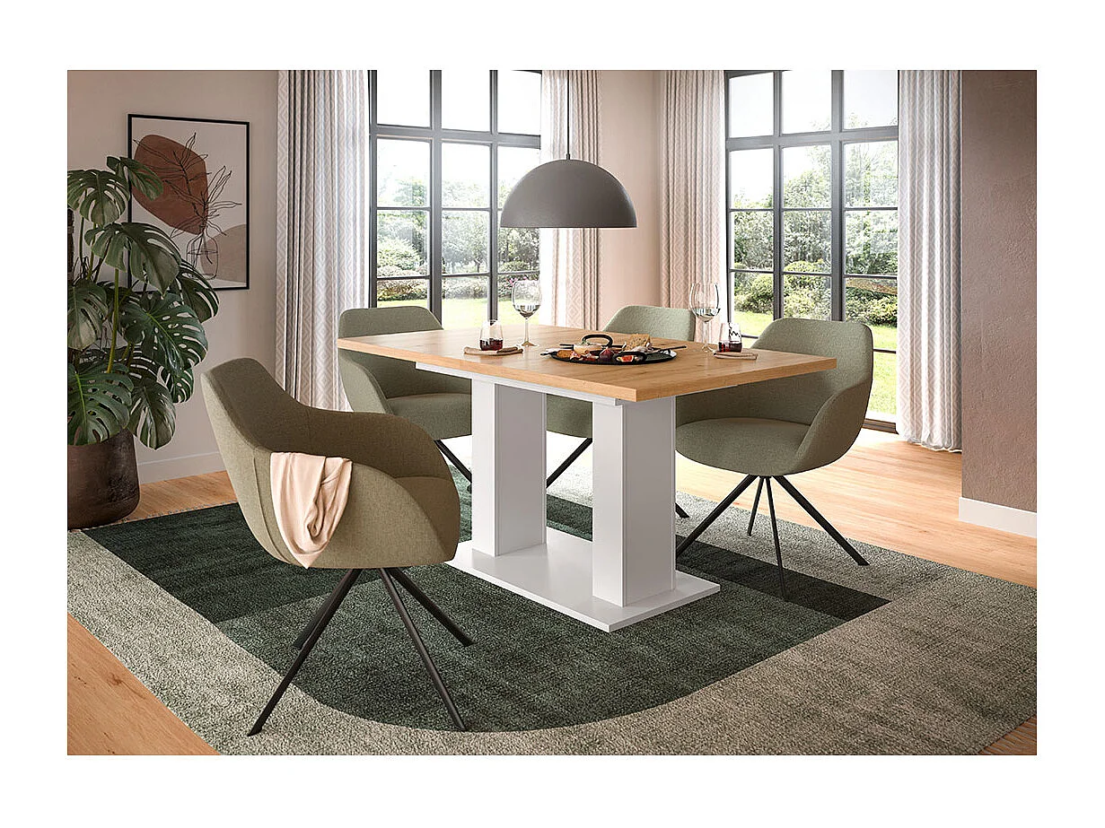 Motion eetkamertafel dubbele zuilpoot 90x150/190cm incl. 1 verlengblad eik decor, wit.