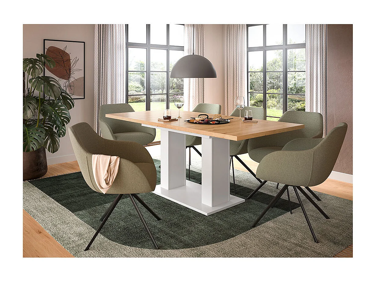 Motion eetkamertafel dubbele zuilpoot 90x150/190cm incl. 1 verlengblad eik decor, wit.
