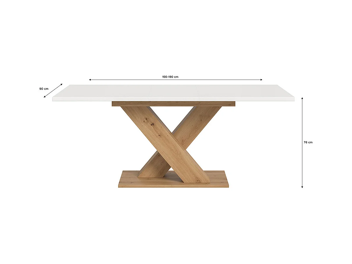 Motion table de salle à manger pieds X 90x150/190 cm avec 1 rallonge blanc, chêne décor.