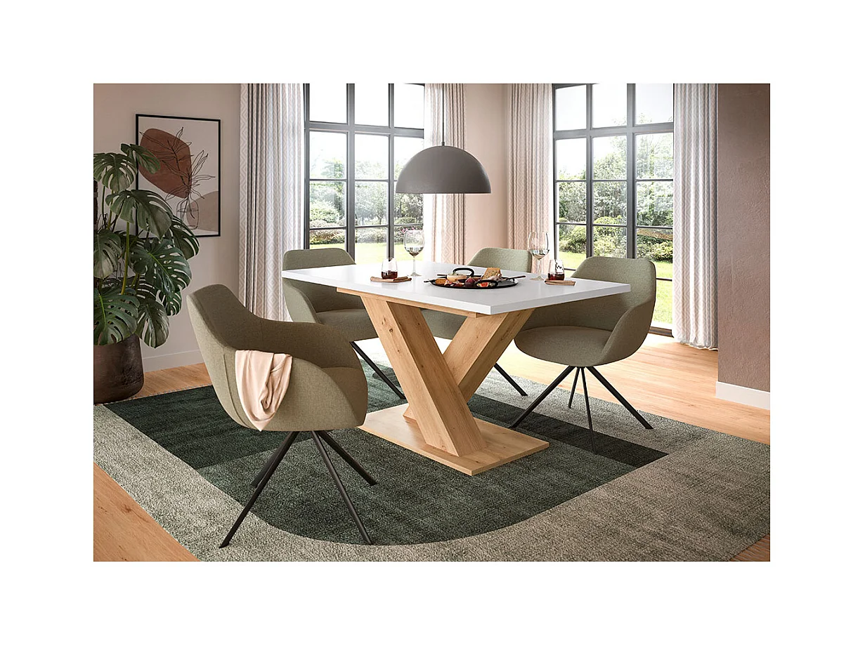 Motion table de salle à manger pieds X 90x150/190 cm avec 1 rallonge blanc, chêne décor.