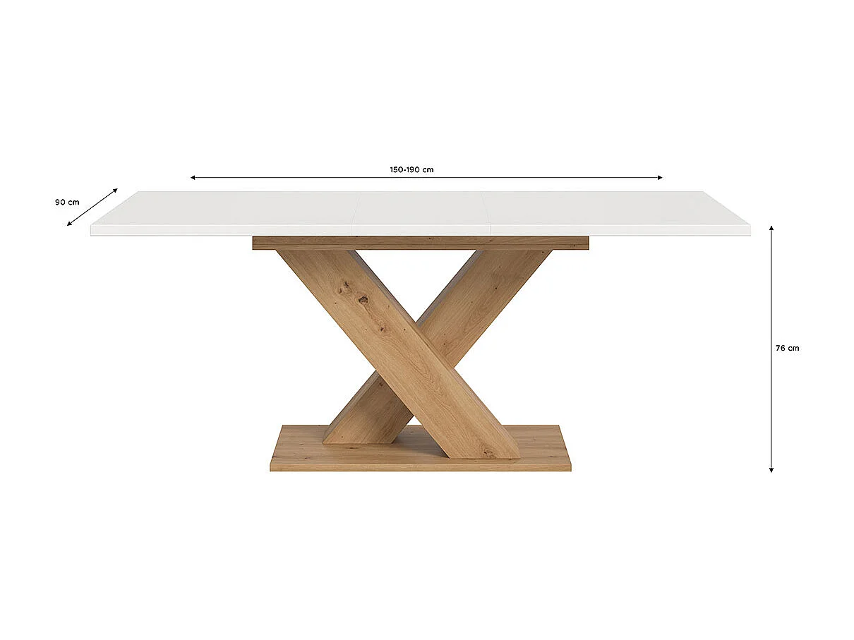 Motion table de salle à manger pieds X 90x150/190 cm avec 1 rallonge blanc, chêne décor.