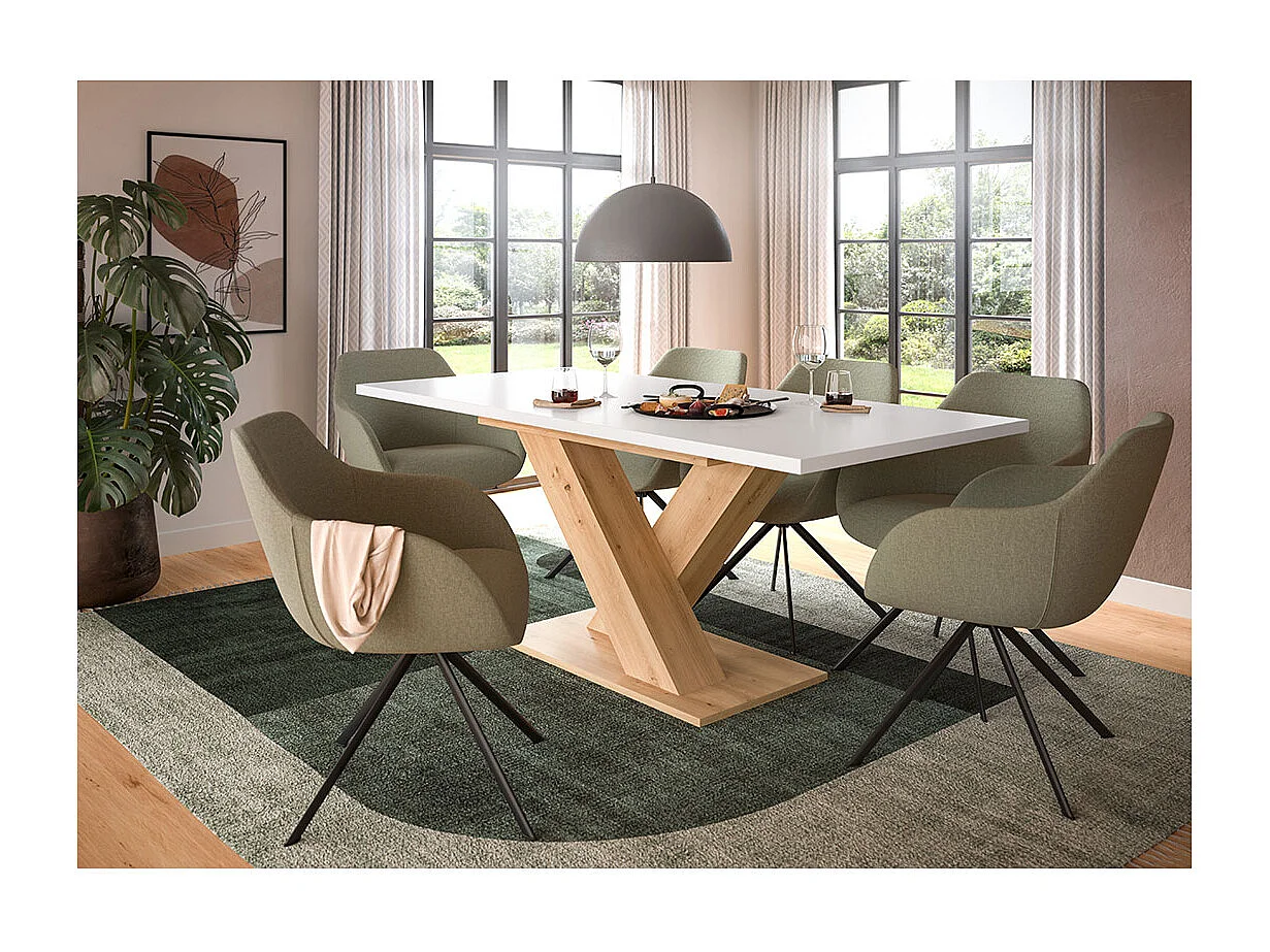 Motion table de salle à manger pieds X 90x150/190 cm avec 1 rallonge blanc, chêne décor.