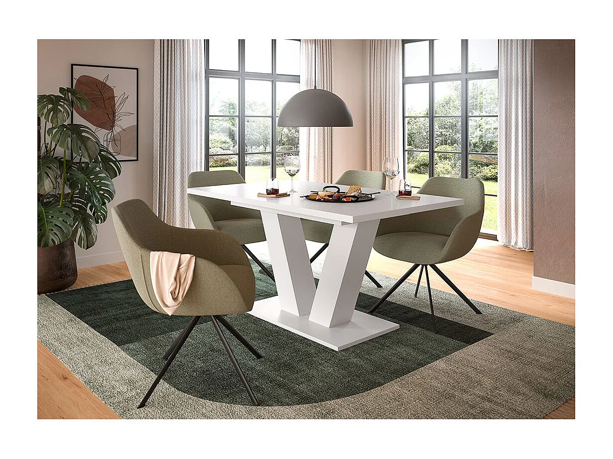 Motion table de salle à manger pieds V 90x150/190 cm avec 1 rallonge blanc.