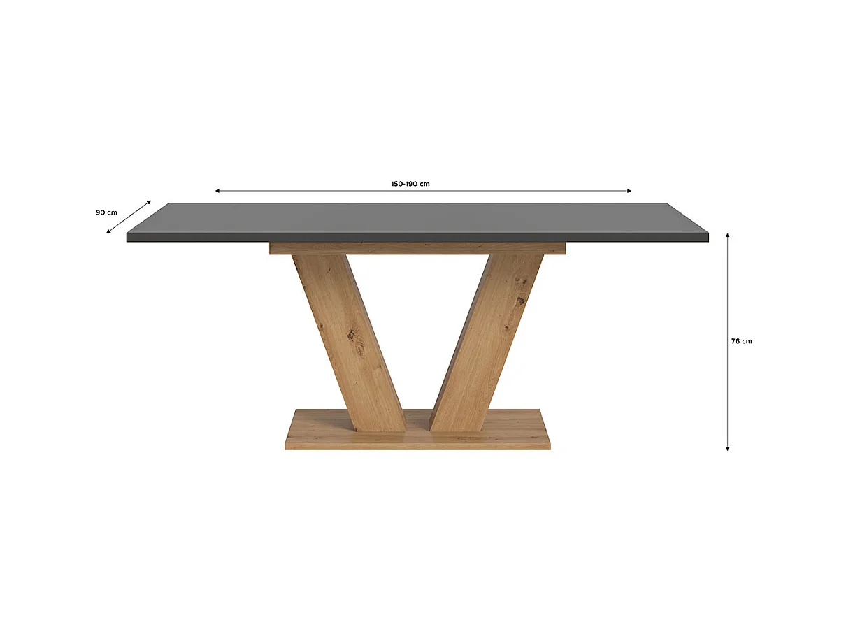 Motion table de salle à manger pieds V 90x150/190 cm avec 1 rallonge gris, chêne décor.