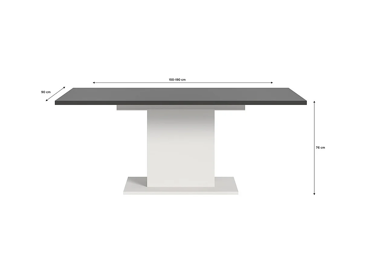 Motion table de salle à manger pied colonne 90x150/190 cm avec 1 rallonge gris, blanc.