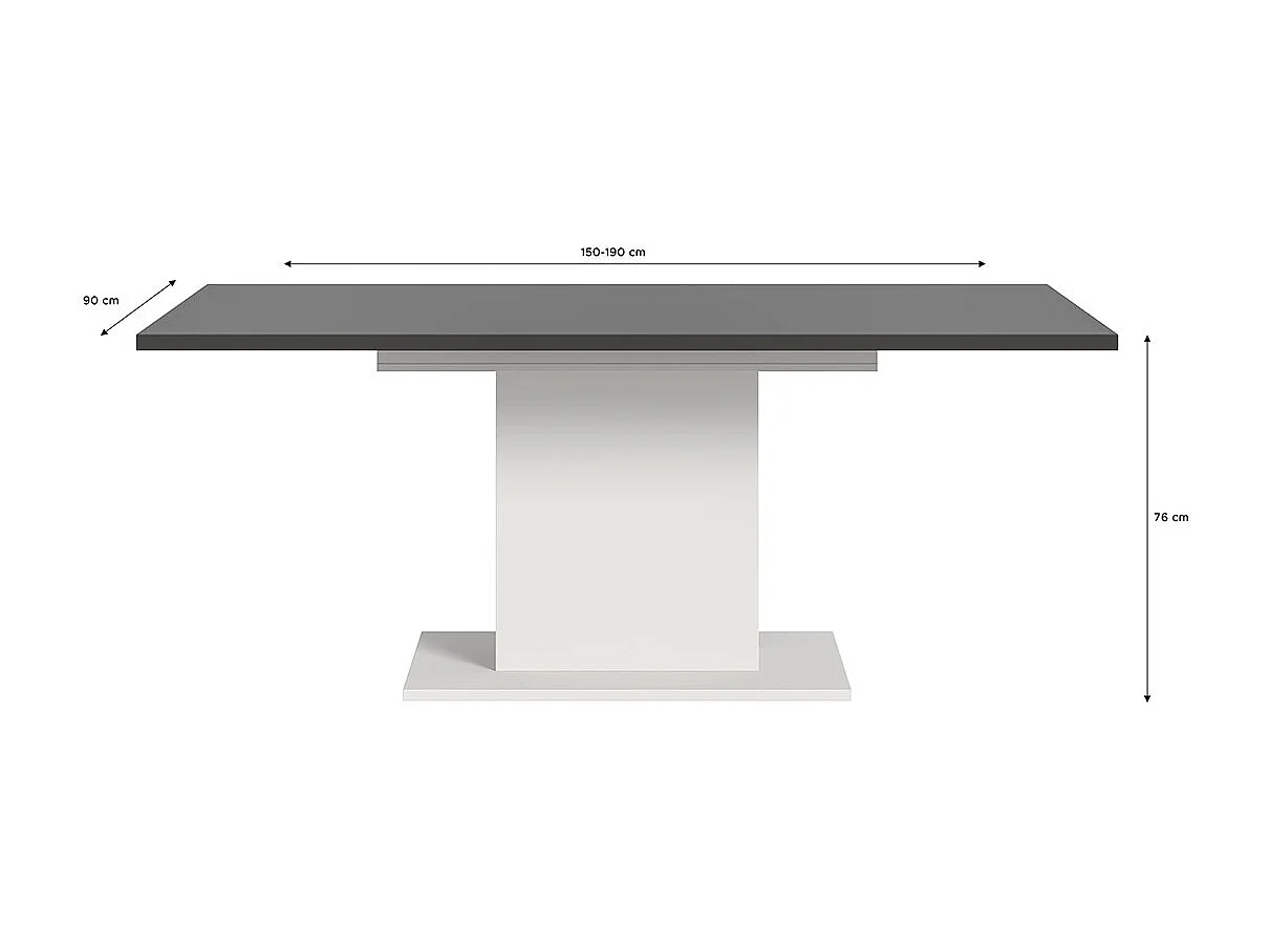 Motion Esstisch Säulenfuß 90x150/190cm inkl. 1 Einlegeplatte grau, weiß.