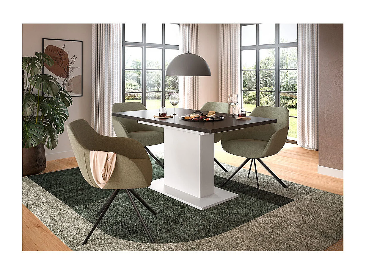 Motion Esstisch Säulenfuß 90x150/190cm inkl. 1 Einlegeplatte grau, weiß.