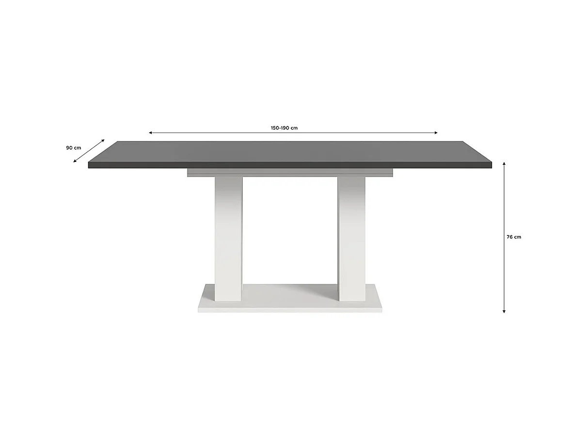 Motion table de salle à manger double colonne 90x150/190 cm avec 1 rallonge gris, blanc.