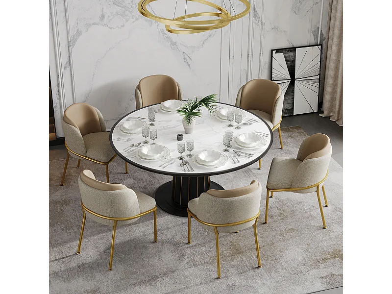 Set van 6 stoelen - 55 x 55 x 85 cm - Verstelbare kantelpoten - Metaal + Kunstleer - Beige/Khaki