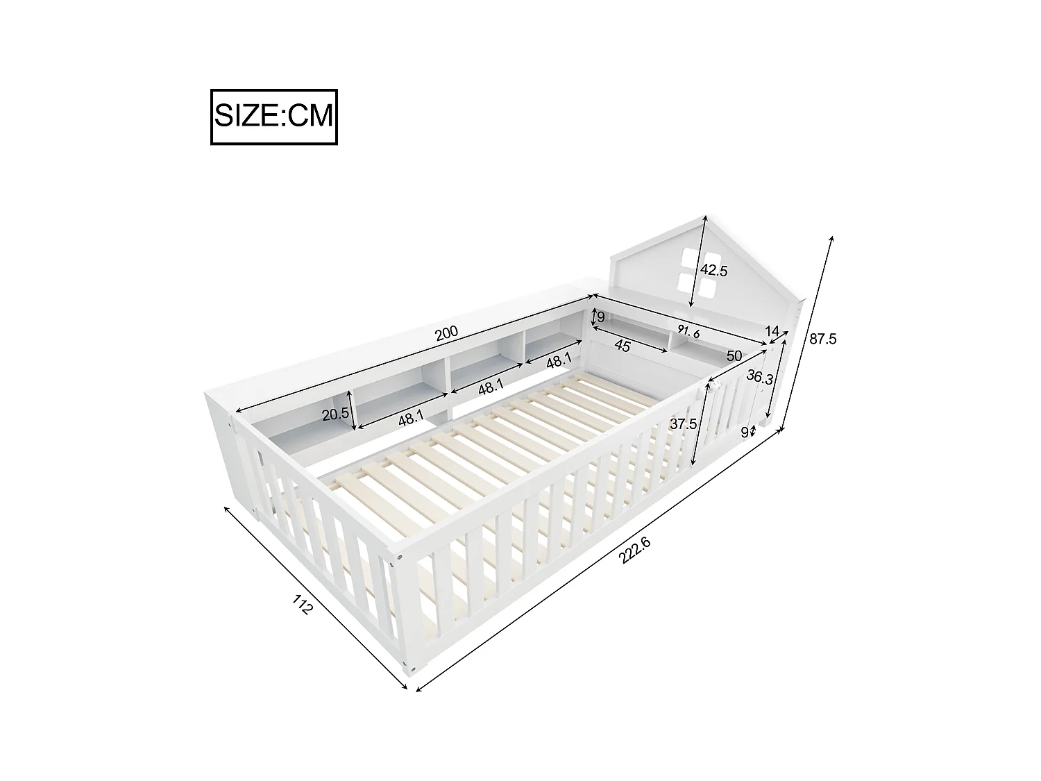 Cama infantil - 90 x 200 cm - com janela + arrumação + barreira de segurança + porta - Contraplacado + MDF + madeira de pinho - branco