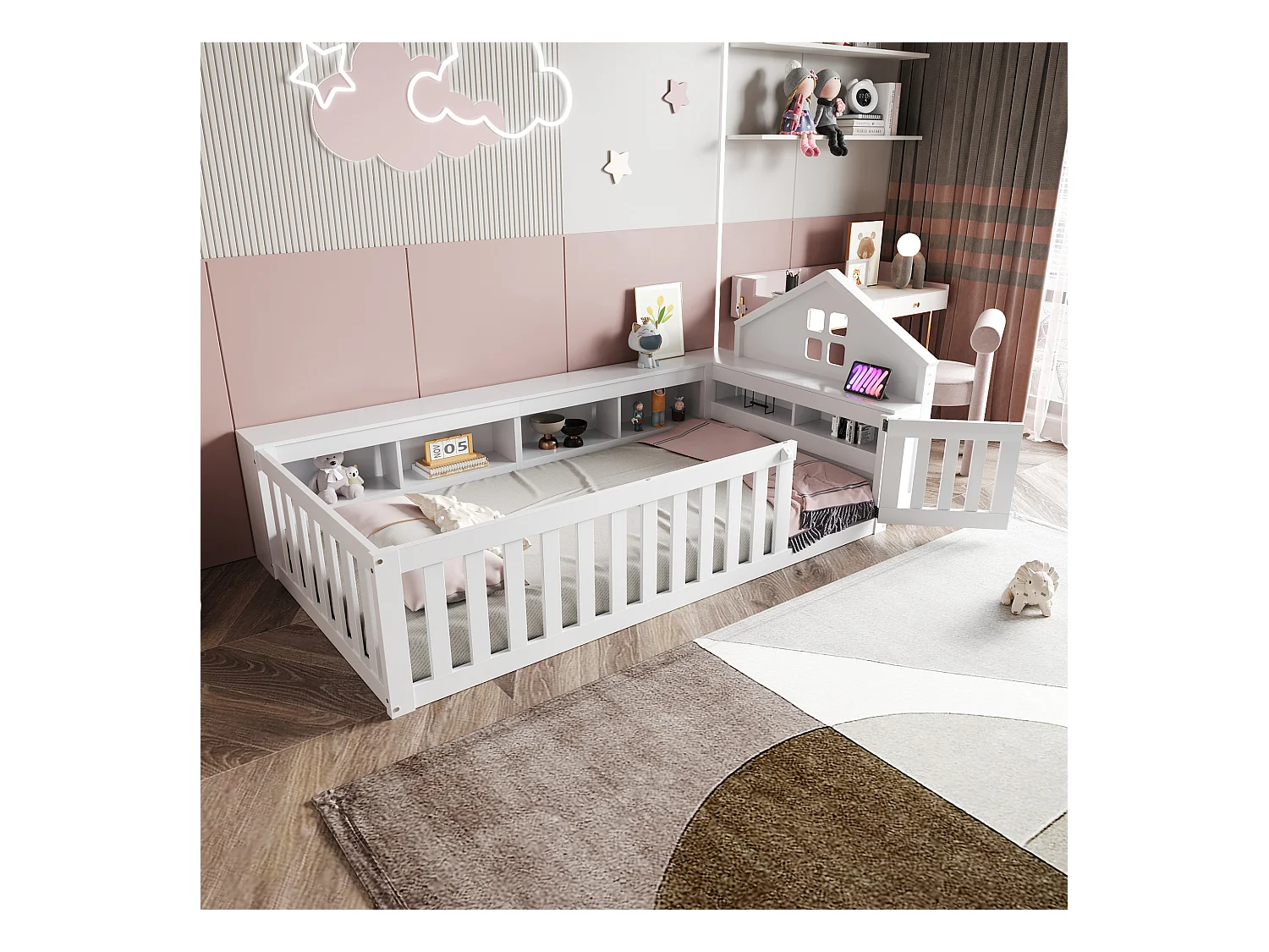 Kinderbett - 90 x 200 cm - mit Fenster + Stauraum + Rausfallschutz + Tür - Sperrholz + MDF + Kiefernholz - weiß